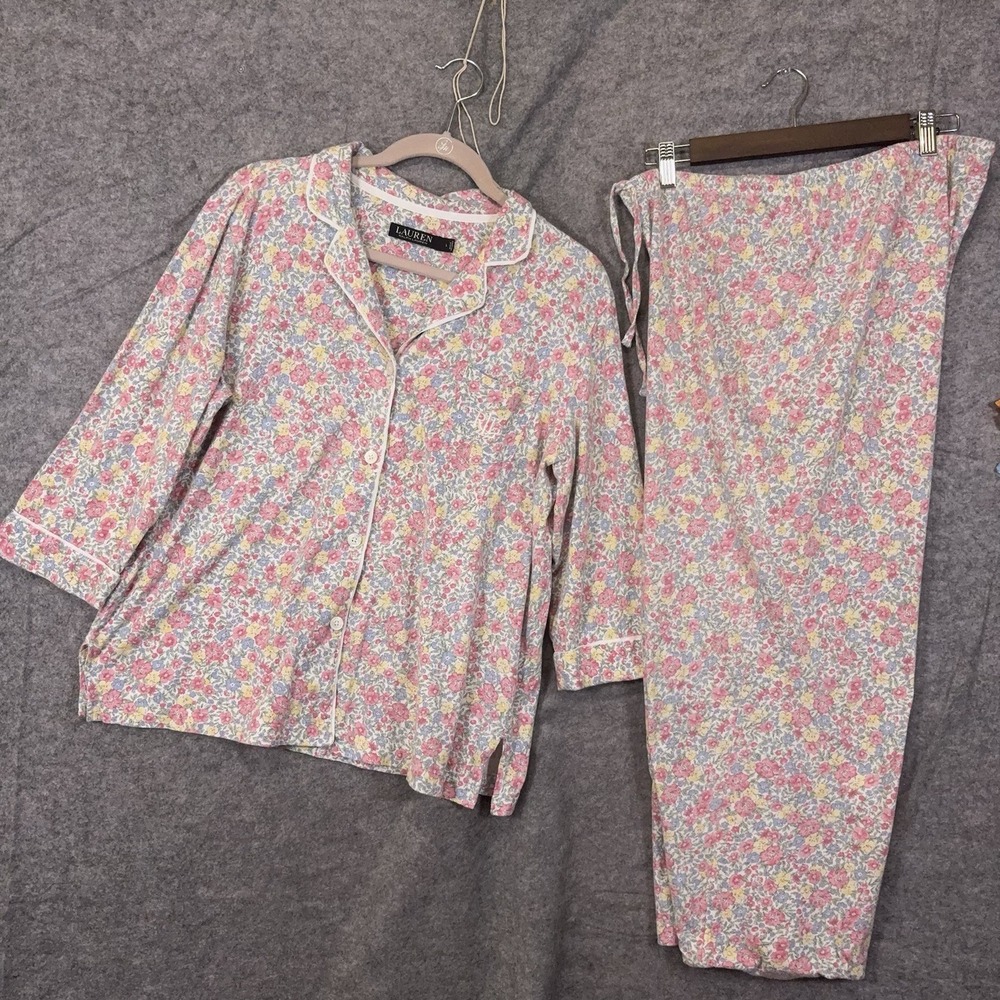 Lauren Ralph Lauren Flannel Crop Pajamas Womens Sz L Pink Floral Monogram Pocket